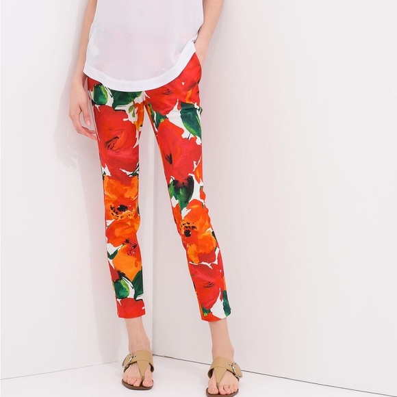 Zara | Floral Pants Pleated Scuba Material XS Red Green - Picture 1 of 5